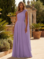 A-Line Chiffon One Shoulder Draped Cape Sleeves Floor-Length Mother of the Bride & Groom Dresses (SHI22500629)