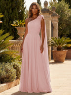 A-Line Chiffon One Shoulder Draped Cape Sleeves Floor-Length Mother of the Bride & Groom Dresses (SHI22500629)
