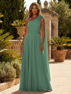 A-Line Chiffon One Shoulder Draped Cape Sleeves Floor-Length Mother of the Bride & Groom Dresses (SHI22500629)