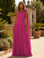 A-Line Chiffon One Shoulder Draped Cape Sleeves Floor-Length Mother of the Bride & Groom Dresses (SHI22500629)