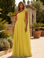 A-Line Chiffon One Shoulder Draped Cape Sleeves Floor-Length Mother of the Bride & Groom Dresses (SHI22500629)