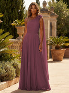 A-Line Chiffon One Shoulder Draped Cape Sleeves Floor-Length Mother of the Bride & Groom Dresses (SHI22500629)