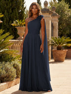 A-Line Chiffon One Shoulder Draped Cape Sleeves Floor-Length Mother of the Bride & Groom Dresses (SHI22500629)