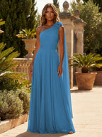 A-Line Chiffon One Shoulder Draped Cape Sleeves Floor-Length Mother of the Bride & Groom Dresses (SHI22500629)