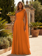 A-Line Chiffon One Shoulder Draped Cape Sleeves Floor-Length Mother of the Bride & Groom Dresses (SHI22500629)
