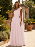 A-Line Chiffon One Shoulder Draped Cape Sleeves Floor-Length Mother of the Bride & Groom Dresses (SHI22500629)