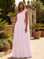 A-Line Chiffon One Shoulder Draped Cape Sleeves Floor-Length Mother of the Bride & Groom Dresses (SHI22500629)