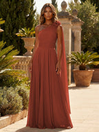 A-Line Chiffon One Shoulder Draped Cape Sleeves Floor-Length Mother of the Bride & Groom Dresses (SHI22500629)