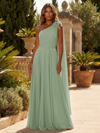 A-Line Chiffon One Shoulder Draped Cape Sleeves Floor-Length Mother of the Bride & Groom Dresses (SHI22500629)