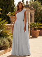 A-Line Chiffon One Shoulder Draped Cape Sleeves Floor-Length Mother of the Bride & Groom Dresses (SHI22500629)