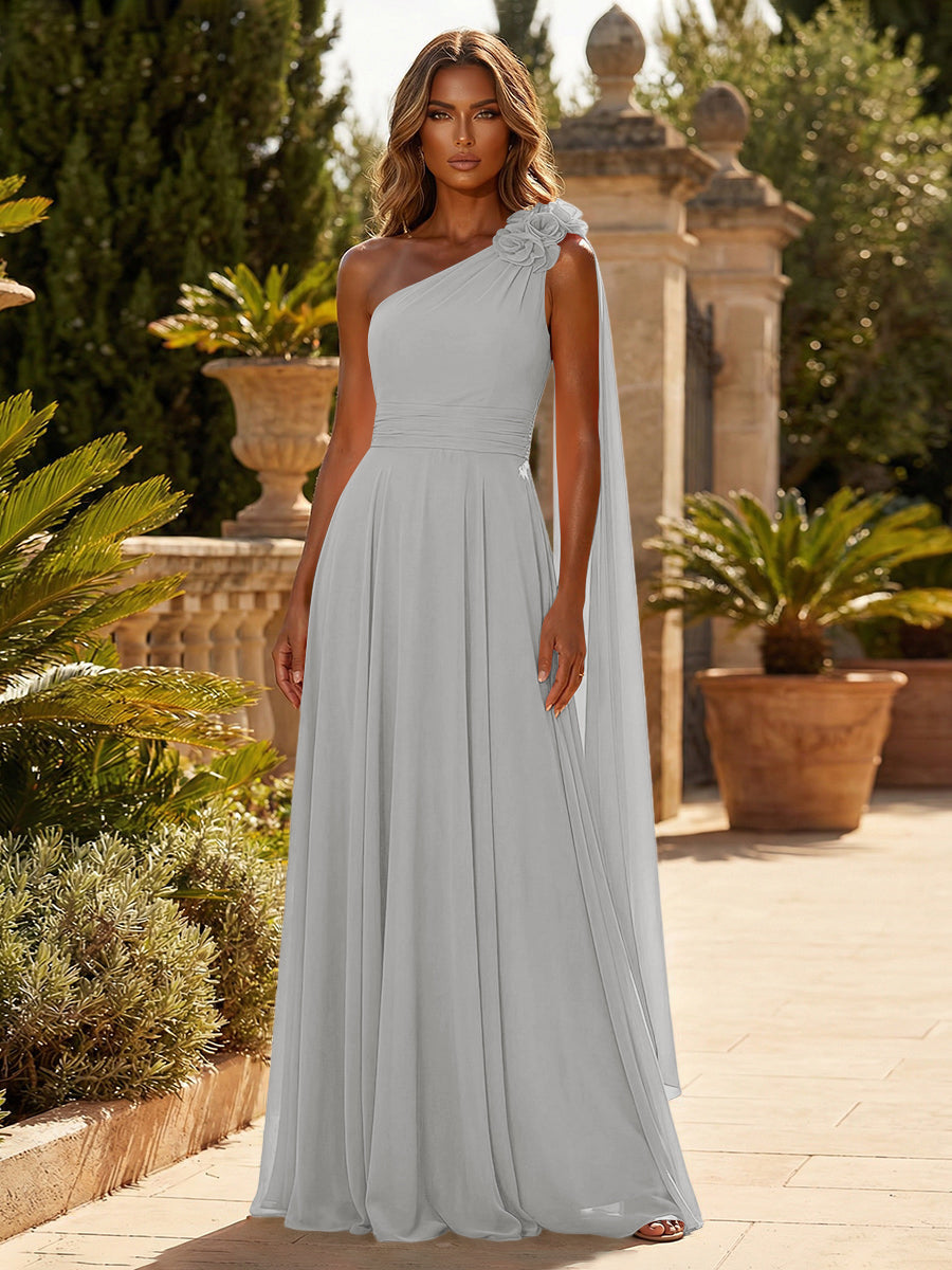 A-Line Chiffon One Shoulder Draped Cape Sleeves Floor-Length Mother of the Bride & Groom Dresses (SHI22500629)