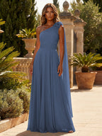A-Line Chiffon One Shoulder Draped Cape Sleeves Floor-Length Mother of the Bride & Groom Dresses (SHI22500629)