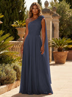 A-Line Chiffon One Shoulder Draped Cape Sleeves Floor-Length Mother of the Bride & Groom Dresses (SHI22500629)