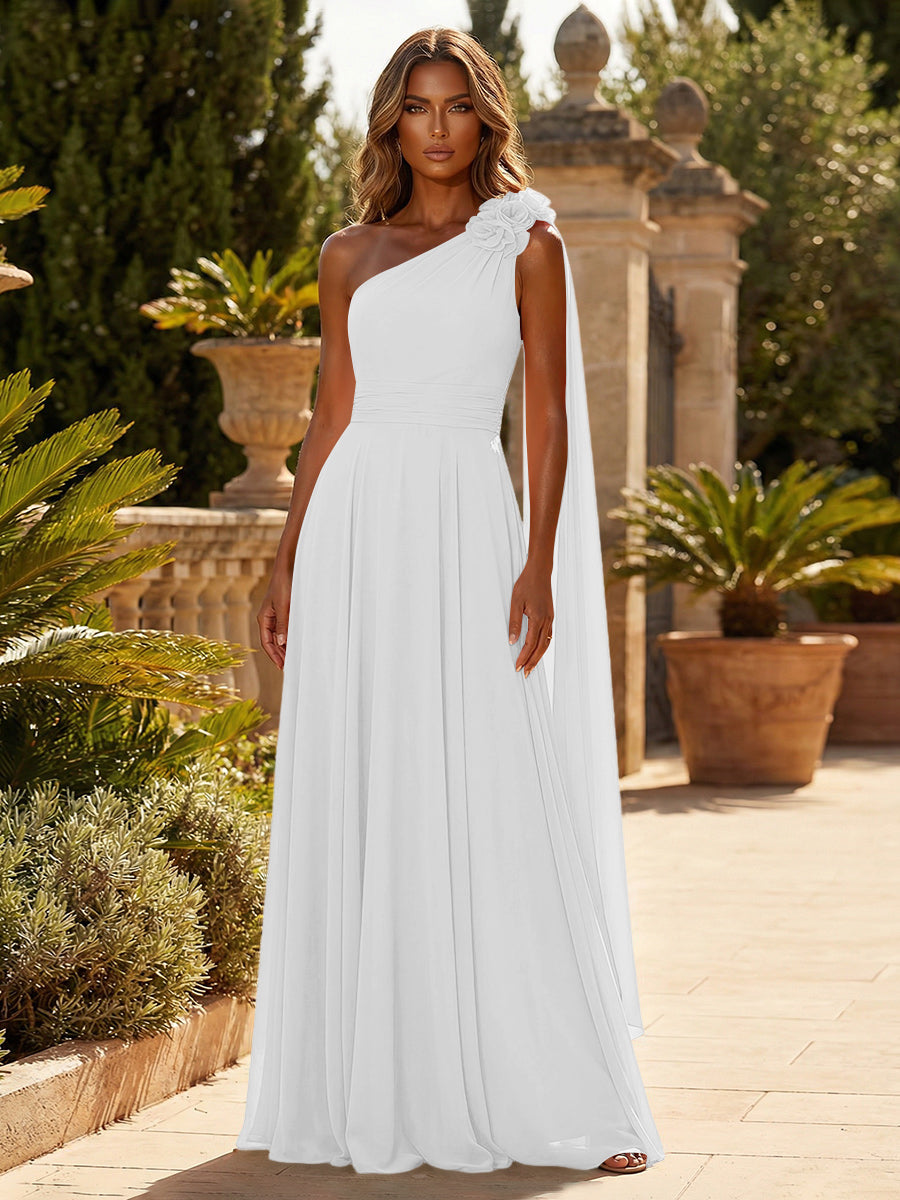 A-Line Chiffon One Shoulder Draped Cape Sleeves Floor-Length Mother of the Bride & Groom Dresses (SHI22500629)