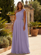 A-Line Chiffon One Shoulder Draped Cape Sleeves Floor-Length Mother of the Bride & Groom Dresses (SHI22500629)