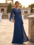 A-Line Chiffon Cape Sleeves Floor-Length Mother of the Bride & Groom Dresses with Rhinestones & Ruched Waist (SHI22500634)