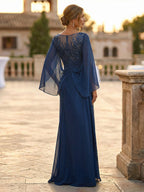 A-Line Chiffon Cape Sleeves Floor-Length Mother of the Bride & Groom Dresses with Rhinestones & Ruched Waist (SHI22500634)