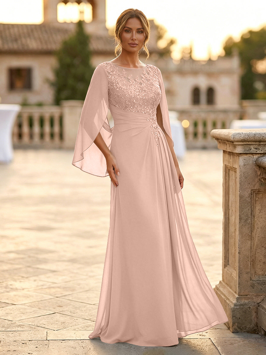 A-Line Chiffon Cape Sleeves Floor-Length Mother of the Bride & Groom Dresses with Rhinestones & Ruched Waist (SHI22500634)
