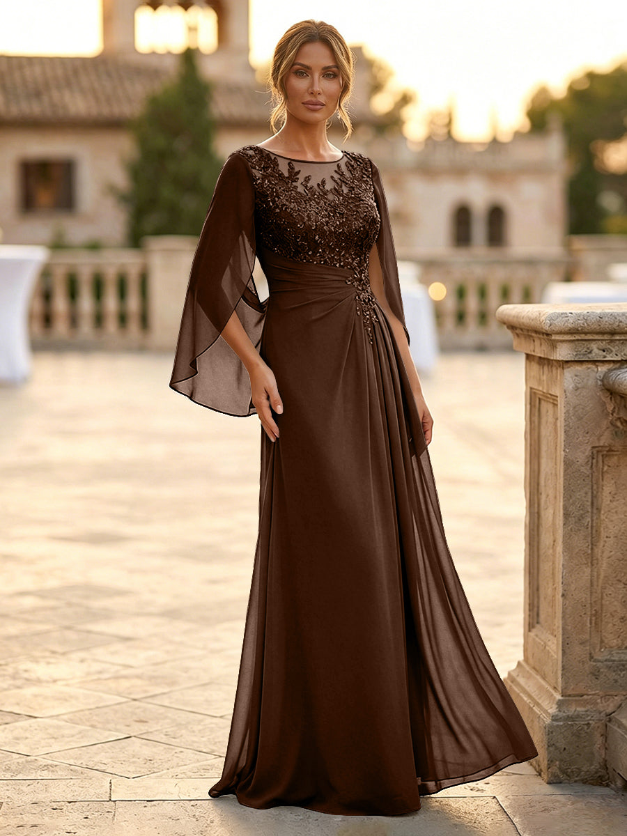 A-Line Chiffon Cape Sleeves Floor-Length Mother of the Bride & Groom Dresses with Rhinestones & Ruched Waist (SHI22500634)