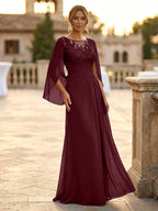A-Line Chiffon Cape Sleeves Floor-Length Mother of the Bride & Groom Dresses with Rhinestones & Ruched Waist (SHI22500634)