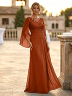 A-Line Chiffon Cape Sleeves Floor-Length Mother of the Bride & Groom Dresses with Rhinestones & Ruched Waist (SHI22500634)