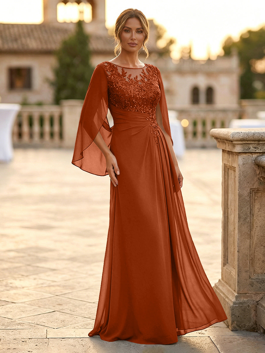 A-Line Chiffon Cape Sleeves Floor-Length Mother of the Bride & Groom Dresses with Rhinestones & Ruched Waist (SHI22500634)