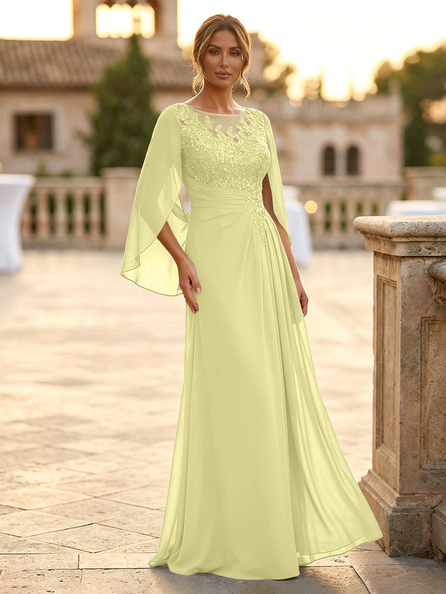 A-Line Chiffon Cape Sleeves Floor-Length Mother of the Bride & Groom Dresses with Rhinestones & Ruched Waist (SHI22500634)