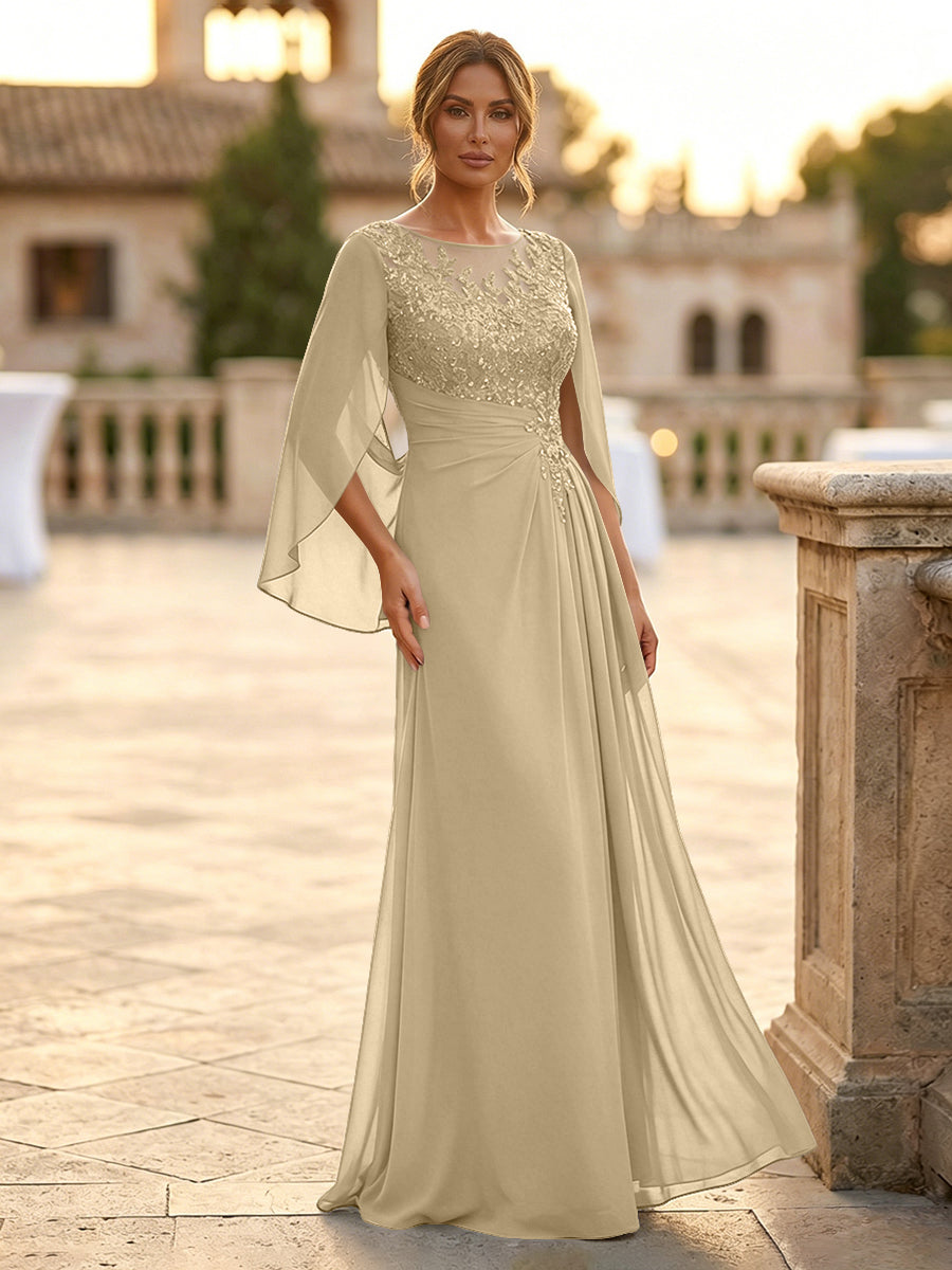 A-Line Chiffon Cape Sleeves Floor-Length Mother of the Bride & Groom Dresses with Rhinestones & Ruched Waist (SHI22500634)