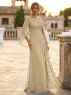A-Line Chiffon Cape Sleeves Floor-Length Mother of the Bride & Groom Dresses with Rhinestones & Ruched Waist (SHI22500634)