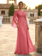 A-Line Chiffon Cape Sleeves Floor-Length Mother of the Bride & Groom Dresses with Rhinestones & Ruched Waist (SHI22500634)