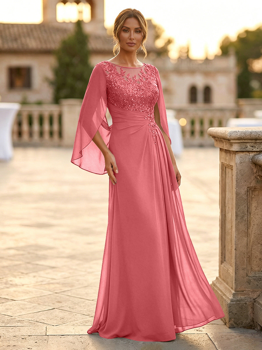A-Line Chiffon Cape Sleeves Floor-Length Mother of the Bride & Groom Dresses with Rhinestones & Ruched Waist (SHI22500634)
