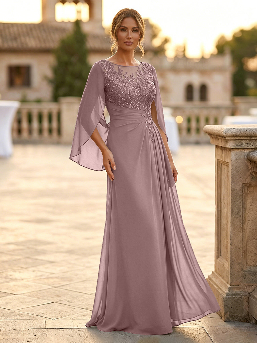 A-Line Chiffon Cape Sleeves Floor-Length Mother of the Bride & Groom Dresses with Rhinestones & Ruched Waist (SHI22500634)