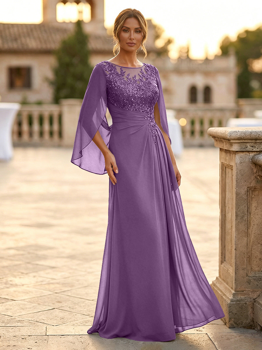 A-Line Chiffon Cape Sleeves Floor-Length Mother of the Bride & Groom Dresses with Rhinestones & Ruched Waist (SHI22500634)