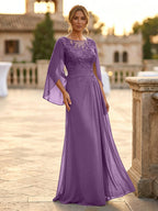A-Line Chiffon Cape Sleeves Floor-Length Mother of the Bride & Groom Dresses with Rhinestones & Ruched Waist (SHI22500634)