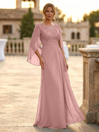 A-Line Chiffon Cape Sleeves Floor-Length Mother of the Bride & Groom Dresses with Rhinestones & Ruched Waist (SHI22500634)