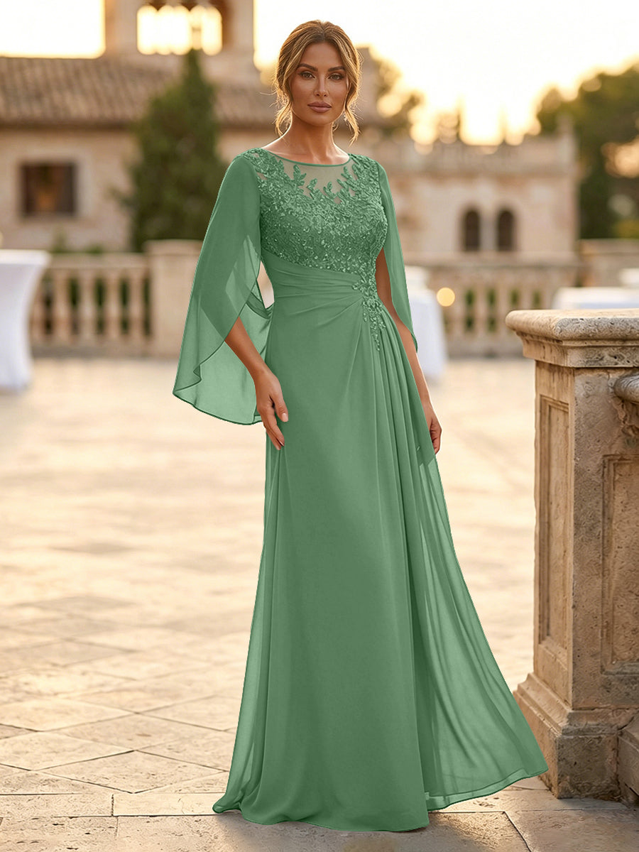 A-Line Chiffon Cape Sleeves Floor-Length Mother of the Bride & Groom Dresses with Rhinestones & Ruched Waist (SHI22500634)