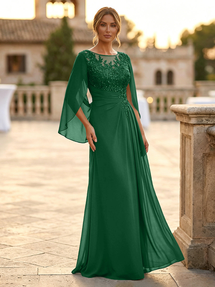 A-Line Chiffon Cape Sleeves Floor-Length Mother of the Bride & Groom Dresses with Rhinestones & Ruched Waist (SHI22500634)
