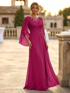 A-Line Chiffon Cape Sleeves Floor-Length Mother of the Bride & Groom Dresses with Rhinestones & Ruched Waist (SHI22500634)