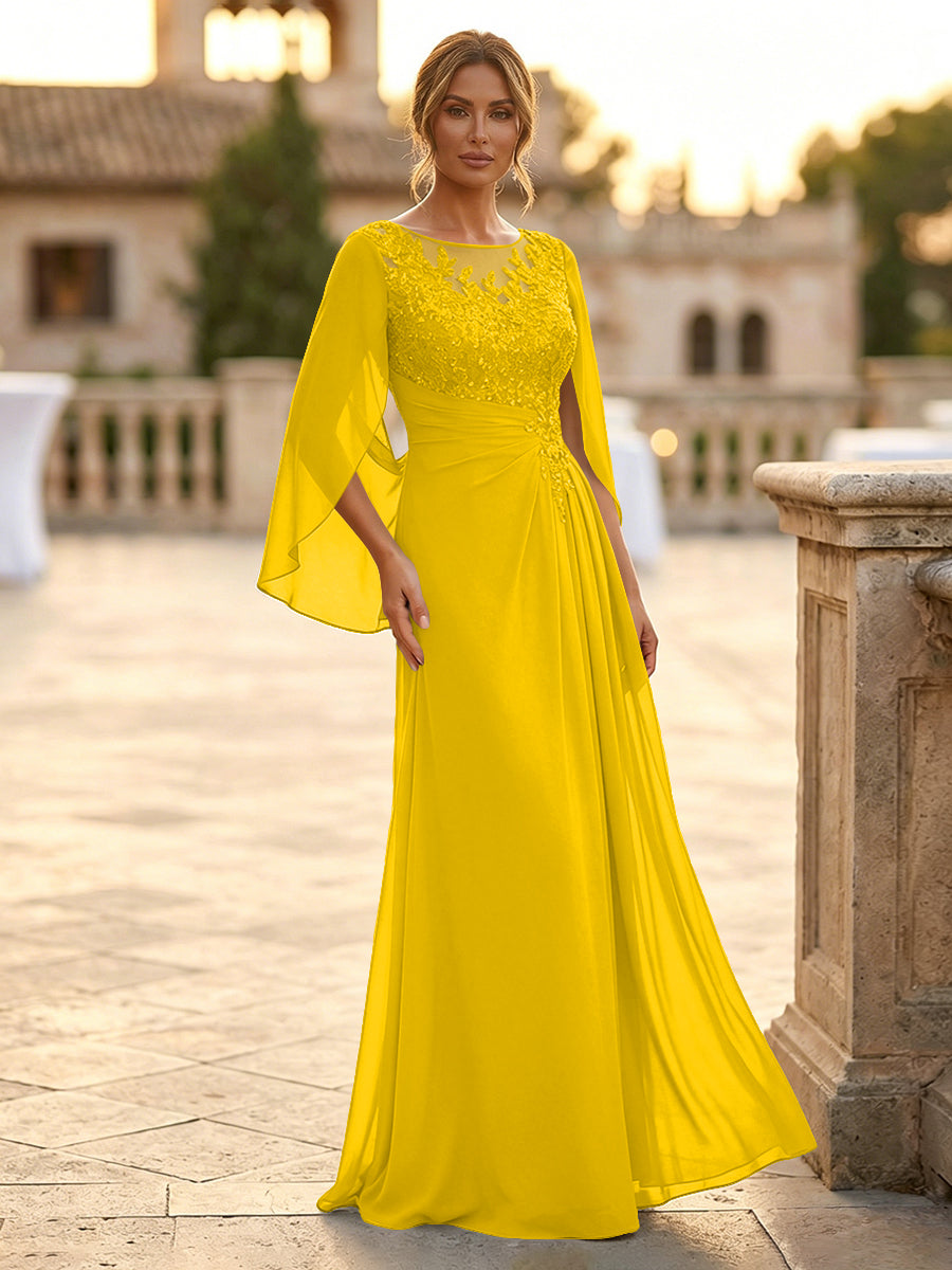 A-Line Chiffon Cape Sleeves Floor-Length Mother of the Bride & Groom Dresses with Rhinestones & Ruched Waist (SHI22500634)
