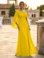 A-Line Chiffon Cape Sleeves Floor-Length Mother of the Bride & Groom Dresses with Rhinestones & Ruched Waist (SHI22500634)