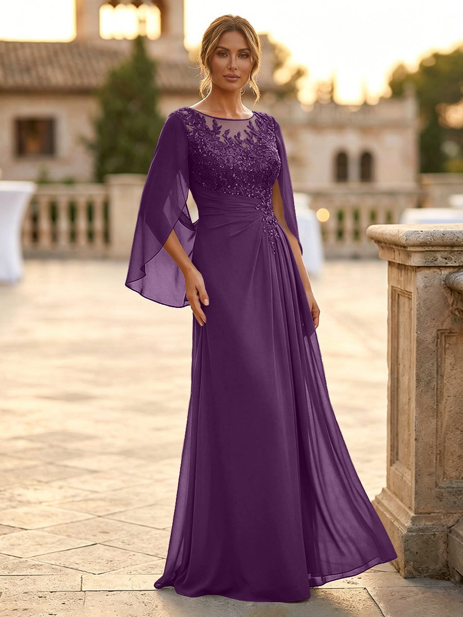 A-Line Chiffon Cape Sleeves Floor-Length Mother of the Bride & Groom Dresses with Rhinestones & Ruched Waist (SHI22500634)