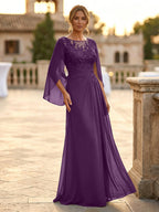 A-Line Chiffon Cape Sleeves Floor-Length Mother of the Bride & Groom Dresses with Rhinestones & Ruched Waist (SHI22500634)