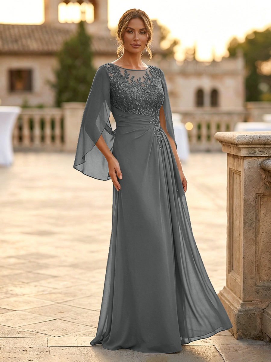 A-Line Chiffon Cape Sleeves Floor-Length Mother of the Bride & Groom Dresses with Rhinestones & Ruched Waist (SHI22500634)