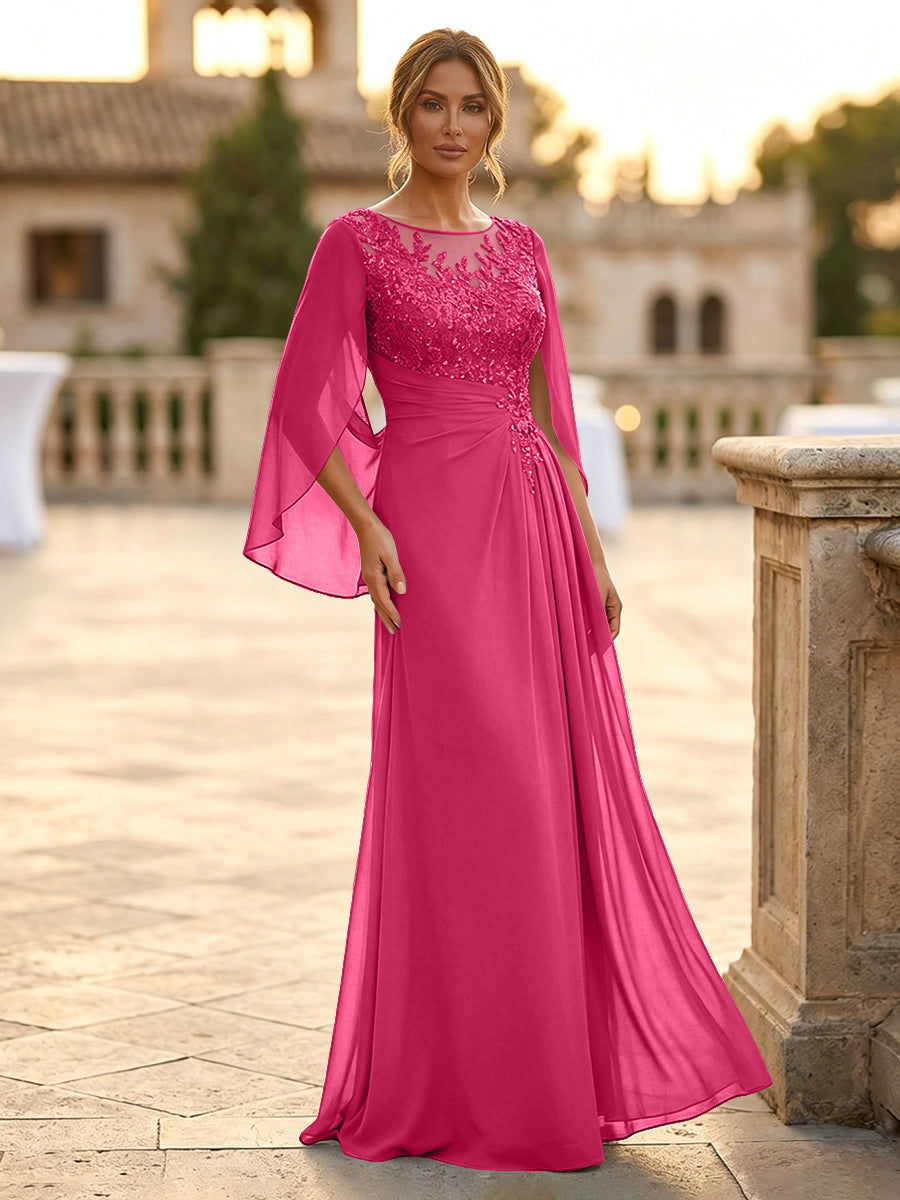 A-Line Chiffon Cape Sleeves Floor-Length Mother of the Bride & Groom Dresses with Rhinestones & Ruched Waist (SHI22500634)