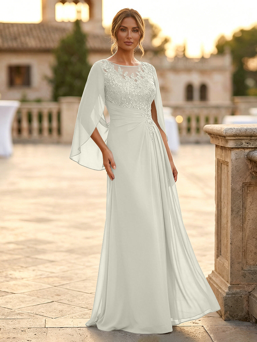 A-Line Chiffon Cape Sleeves Floor-Length Mother of the Bride & Groom Dresses with Rhinestones & Ruched Waist (SHI22500634)