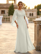 A-Line Chiffon Cape Sleeves Floor-Length Mother of the Bride & Groom Dresses with Rhinestones & Ruched Waist (SHI22500634)