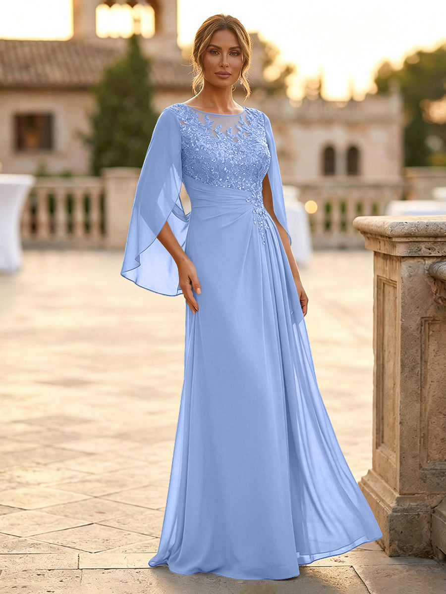 A-Line Chiffon Cape Sleeves Floor-Length Mother of the Bride & Groom Dresses with Rhinestones & Ruched Waist (SHI22500634)