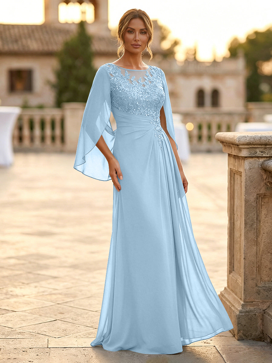 A-Line Chiffon Cape Sleeves Floor-Length Mother of the Bride & Groom Dresses with Rhinestones & Ruched Waist (SHI22500634)
