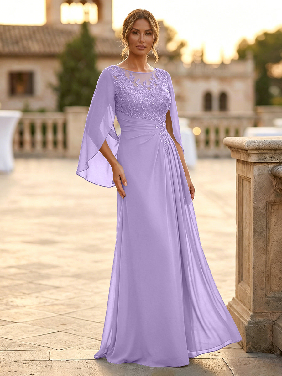 A-Line Chiffon Cape Sleeves Floor-Length Mother of the Bride & Groom Dresses with Rhinestones & Ruched Waist (SHI22500634)