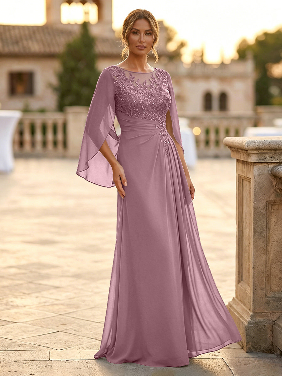 A-Line Chiffon Cape Sleeves Floor-Length Mother of the Bride & Groom Dresses with Rhinestones & Ruched Waist (SHI22500634)